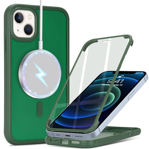 Zouzt Magnetic for iPhone 13 Mini Case Screen Protector, Dark Green | 360 Full Body, Translucent Matte, for MagSafe, Military Grade Drop Proof, Shockproof Protective, Anti-Fingerprint Phone Case