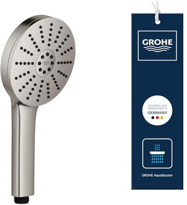 GROHE Vitalio Joy+ 120, Duschkopf mit Boost-Funktion für mehr Strahlpower | 6l/Min, Handbrause mit 3 Strahlarten inkl. Rain, Jet und AquaBooster, Universalanschluss (edelstahl, 134863DC00)