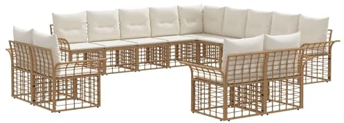 vidaXL Outdoor-Sofagarnitur 13 pcs Natürlich und Cremweiß Polyester, Modernes, witterungsfestes Sofa-Set aus Poly-Rattan, verstellbare Füße, perfekt für Garten und Terrasse