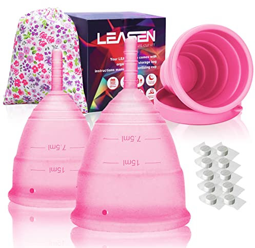LEASEN Menstral Cup - Set of 2 Reusable Period Cups for Feminine Care - Premium Design with Soft, Flexible, Medical-Grade Silicone - with Menstrual Cup Sterilizer Period Kit