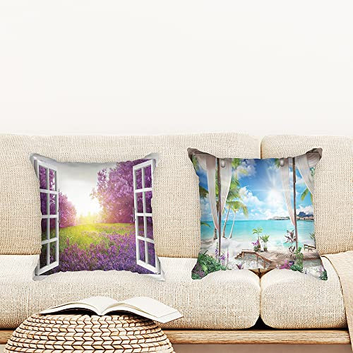Ulticool - Kissenhülle - See-Through Strand Meer Blumen Lavendel Natur - Set von 2 Motiven – 45 x 45 cm - Dekokissen ohne Füllung - Kissenbezug Zubehör für Sofa/Bett - Blau Weiß Lila
