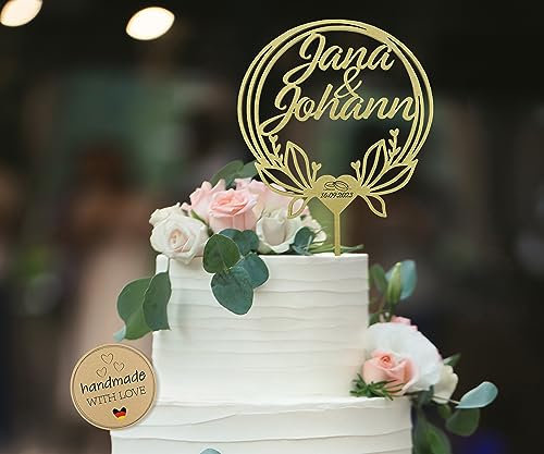 Birdart Box® Tortenstecker für deine Hochzeit – hochwertiger Tortenstecker aus Holz, moderner Cake Topper mit Namen und Hochzeitsdatum (Gold)