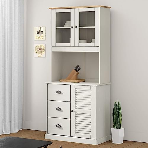 Hommdiy Küchenschrank, Hochschrank Küchenbuffet Vitrinenschrank, Buffetschrank Highboard Weiß 78x40x175 cm Massivholz Kiefer