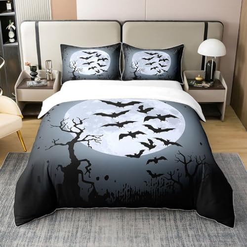 richhome 100% Baumwolle Halloween dunkle Nacht Bettbezug 135x200 Größe für Teens, Bäume Gothic Stil Tröster Abdeckung, Kinder Trick or Treat Die ganze Saison Bettwäsche Schlafzimmer
