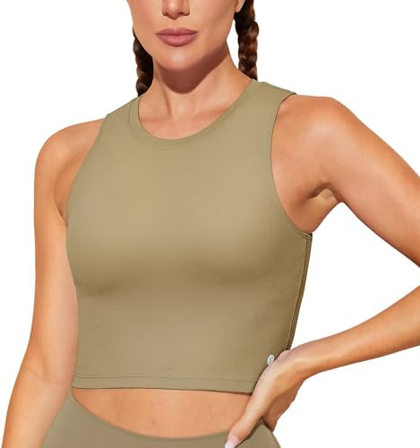 BAYDI Nudi Sport BH Damen ohne Buegel Bustier Abnehmbare Gepolsterte Crop-Tops Hochgeschlossenes Tanktop Yoga Fitness Soft Bra Khaki