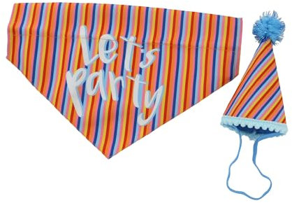 Ancol Pawty Dog Stripe Hat with Bandana Set - Adorable Puppy Scarf Tie Neckerchief - Party Pet Collar Accessory - M/L