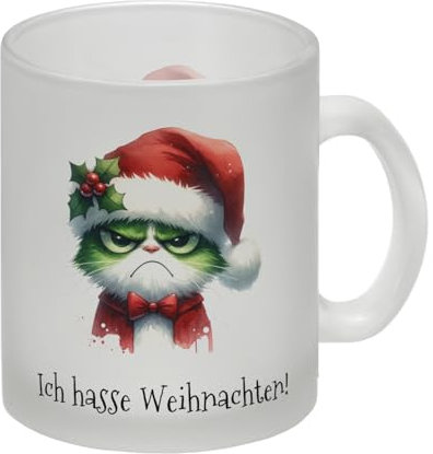 Weihnachtsmuffel-Katze Glas Tasse und Spruch Ich hasse Weihnachten! Lustige Weihnachtstasse für Katzenfans im Grinch-Style mit Nikolausmütze, beliebtes Festmotiv in Grün und Rot