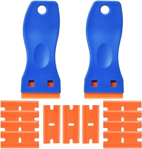 Mini raschietto in plastica con 120 lame in plastica, spatola in plastica per rimuovi adesivi auto, rimuovi residui adesivi, raschietto piano cottura in vetroceramica, rimuovi etichette per (blu)