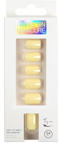 Press On Nails Short, 24Pcs Full Cover Shiny Square Short False Nails, 2024 Solid Color, Fake Nails, Stick On Nails (Lemon Drop)