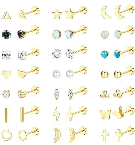 Diamday 21 Pairs Flat Back Stud Earrings for Women Men Surgical Stainless Steel Earrings Set Hypoallergenic Helix Cartilage Earrings Small Studs Earrings Screw Back Earrings Piercing Ear Studs Gold