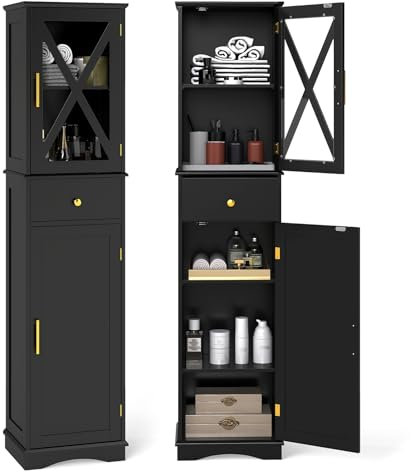 COSTWAY Badezimmerschrank, Hochschrank mit verstellbaren Einlegeböden, Schublade, 2 Türen, Badschrank hoch, Aufbewahrungsschrank für Badezimmer, Wohnzimmer (Schwarz)