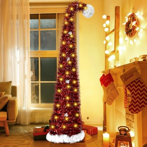150 cm Künstlicher Weihnachtsbaum mit Beleuchtung 50 LEDs Warm, Schnellaufbau Tannenbaum, Faltbar und Abnehmbar, Christbaum Im Roter Krummhals Weihnachtsbaum für Weihnachten Dekoration(C)
