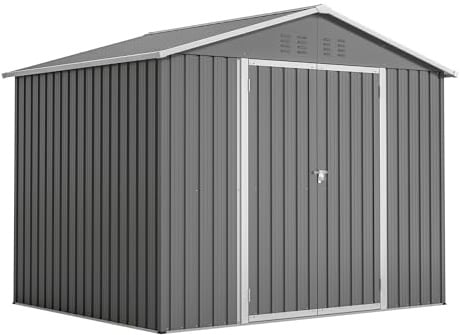 Gartenhaus Metall 229x180x191 cm, 7,9 m³ Gerätehaus mit Fundament & Satteldach, Wetterfester Gartenschuppen für Fahrrad & Gartengeräte, Grau