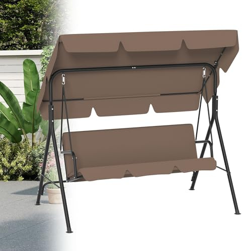 TATIVALO Hollywoodschaukel 3-Sitzer, Gartenschaukel mit verstellbarem Sonnendach & Kissen, Stabiler Stahlrahmen, 200 kg belastbar, Schaukelbank für Garten, Terrasse & Balkon, 193 cm – Braun