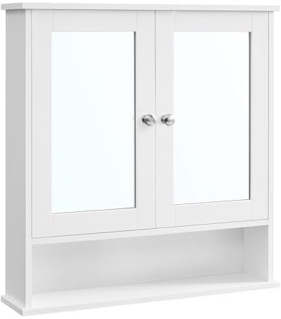 VASAGLE Armoire Murale, Meuble Salle de Bain, Placard de Rangement, Armoire Suspendue, 2 Portes-miroir et Compartiment Ouvert, Étagère Réglable, 13 x 56,5 x 58,5 cm, Blanc LHC002