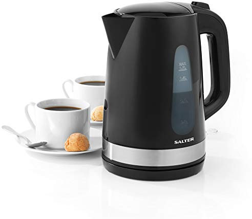 Salter EK2898 Deco Electric Kettle – Fast Boil 1.7 L Capacity, Limescale Filter, Water Level Indicator, Auto Shut-Off and Boil Dry Protection, Swivel Base, Stainless Steel Accents, Black, 3000W