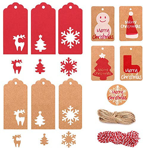 Geschenkanhänger Weihnachten, MonQi 220 Stück Weihnachtsgeschenkanhänger Kraftpapier mit 30m Schnur, Weihnachtsanhänger Kraftpapier, Weihnachten Etiketten Anhänger, Kraftpapier Anhänger Weihnachten