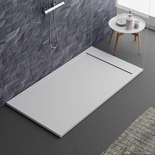 piatto doccia bianco, design moderno, modello Siviglia, in marmo e resina, effetto pietra ardesia, luxury, gelcoat, slim 3cm 70x150