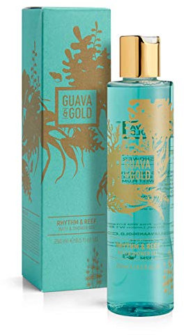 Guava & Gold Rhythm & Reef Bath & Shower Gel 250ml - Luxurious Fine Fragrance, Moisturizing, Vegan, Soft & Nourishing, Phthalate-Free, UK-Made, Tropical Plum Blossom & Driftwood Scent, Award-Winning