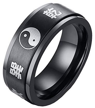 PAURO Herren Edelstahl 8mm Schwarzer Jahrgang Yin Yang TA IC HalloAmulett Mantra Drehbarer Ring Größe 70 (22.3)
