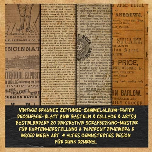 Vintage braunes Zeitungs-Sammelalbum-Papier Decoupage-Blatt zum Basteln & Collage & Artsy Bastelbedarf 20 dekorative Scrapbooking-Muster für ... 4 altes gemustertes Design für Junk Journal