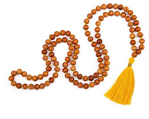 Bodhi Mala Kette mit Sandelholz-Duft und farbiger Quaste in saffeon-gelb, 108 Perlen