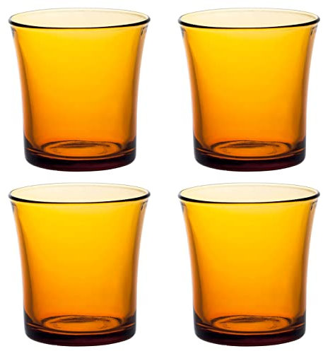 Acan Tradineur - Set de 4 vasos de cristal templado, modelo Lys, resistentes a los golpes y choques térmicos, aptos para lavavajillas (Ámbar, 16 cl - 7,5 x 7 cm)