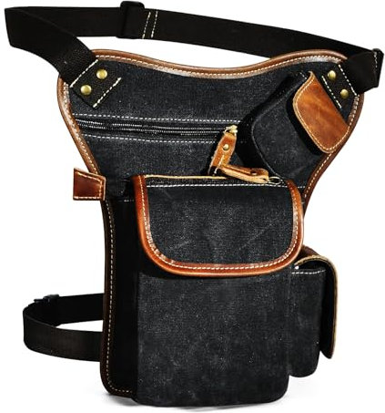 Herren Canvas + Leder Motorrad Reiten Tasche Beinbeutel Beintasche Außenbeintasche Hüfttasche Drop Leg Tasche FB913-5 (X-3106-Schwarz)