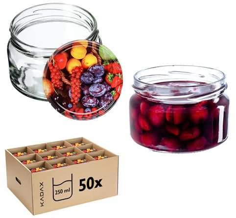 KADAX Lot de 50 bocaux à confiture avec couvercle Twist-Off fi82 - 250 ml - Hermétiques et lavables au lave-vaisselle - En verre épais - Choix de bouchons à vis (fruits)