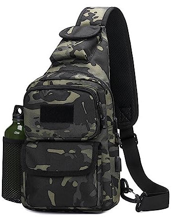 FANDARE Taktisch Brusttasche Military Schultertasche Sling Bag Herren Damen Umhängetaschen mit USB-Ladeanschluss Schultertasche Crossover Rucksack für Reisen Wandern Crossbody Pack Schwarz Camo