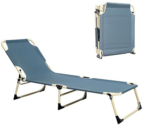 Holdfiturn Folding Camp Bed with Pillow - Sun Lounger with Non-Slip Foot Pads, 4-Position Adjustable Backrest for Outdoor Sleeping, Hiking, Travel