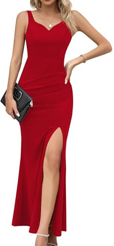 Missufe Sommerkleid Cocktailkleid Festliche Maxikleid Partykleid Damen Abendkleid Bodycon Kleider (rot, X-groß)