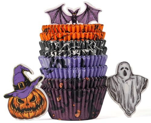 200 Halloween Moldes Magdalenas Papel con 12 Adornos,Tamaño Estándar 5 cm,Decoraciones de Halloween