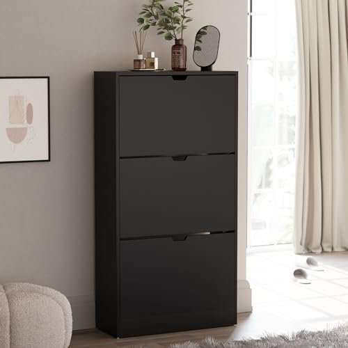 Vida Designs 3 Drawer Shoe Cabinet, Space Saving Shoe Storage Cupboard with 3 Flip Drawers, Hallway and Living Room Furniture 100% FSC certified (Black)