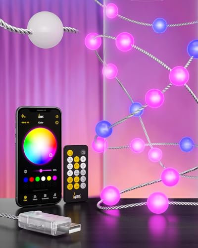 Dekoratives Licht, 7m, 100 RGB LED Kugel Lichterkette, USB betriebene Lichterkette mit transparentem gedrehtem Draht, Fernbedienung und APP Steuerung, für Tür, Fenster, Wand, Garten, Party