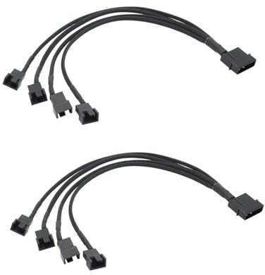 SHAOYAYAZHANG 2 Pack Molex to 3 Pin Fan Adapter Computer PC Case Fan Power Splitter Cable for Molex to 4 pin 12V PWM Splitter Sleeved Braided Cable (1 to 4), Black