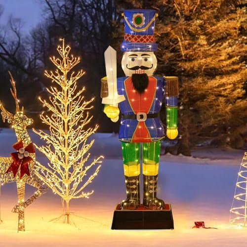COSTWAY Cascanueces Navidad Grandes 184cm, Soldado Cascanueces Iluminado con Espada, 110 Luces LED, Figura Navideña de Pie con Bridas y Estacas, Decoración Navideño Interior y Exterior