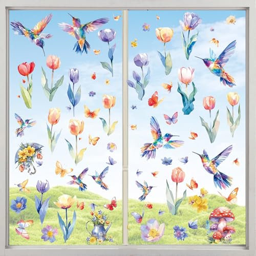 Fensterbilder Frühling,9 Stück Blätter Fensterbilder Selbstklebend,Fenstersticker,mit Blumen Vogel Schmetterling,Aufkleber Fenstersticker,für Frühling Deko Fenster Kinderzimmer