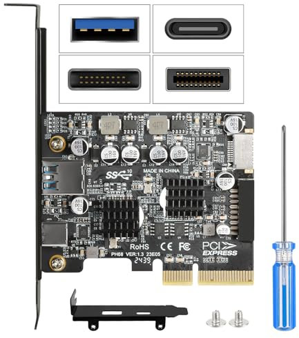 Jorkar PCIe to USB 3.2 Gen 2 Expansion Card, 10Gbps PCI-E Card with USB C + Type A + Internal 19 Pin Connector + Type-E A-Key Front Panel Add-On Adapter