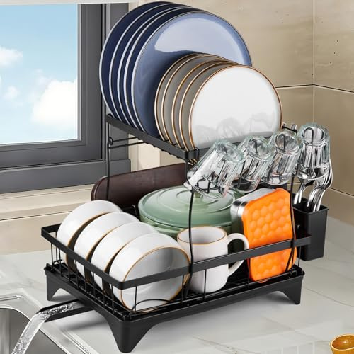 HaWare Dish Drainer Rack, 2 Tiers Dish Drying Rack with Drip Tray for Kitchen Counter, 42.4 x 30 x 35.4cm, Space Saving Plate Bowl Organizers with Cup Utensil Holder, Swivel Spout, Black