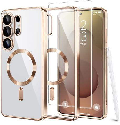 GOLBINBOX Magnetic for Samsung Galaxy S26 Ultra Case with Screen Protector | [Compatible with MagSafe][Full Camera Protection]Slim Military Shockproof Galaxy S26 Ultra Phone Cover, Rose Gold/Clear