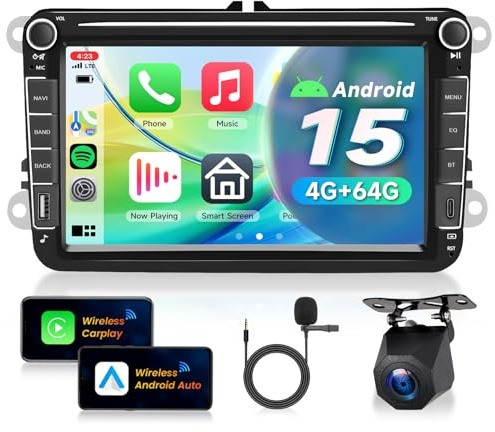 VECHTEL 4G+64G Autoradio Android 15 per VW Golf 5 6 Passat Jetta Caddy EOS T5 Tiguan CC Polo, 8'' HD Schermo Tactile co Carplay Android Auto senza Fili GPS WiFi USB Tipo-C Bluetooth RDS Camera