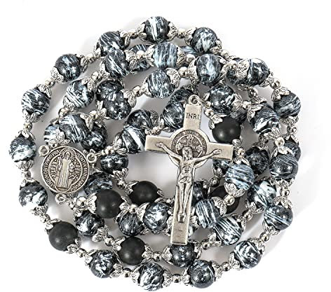 Nazareth Store Rosenkranz aus schwarzem Glas Motiv Heiliger Benedikt Achat-Perlen Halskette Schutz vor Bösen Medaille & Kreuz Kruzifix Gebet Rosenkränze