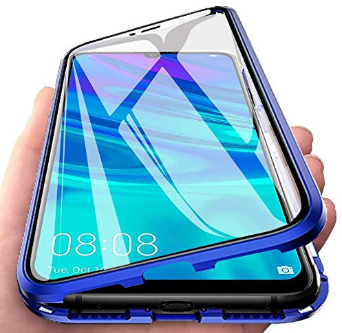 Cover per Huawei P Smart 2019, Custodia Adsorbimento Magnetico Paraurti in Metallo Fronte e Retro in Vetro Temperato Flip Custodia Magnete Incorporato 360 Gradi Protezione Case, Blu