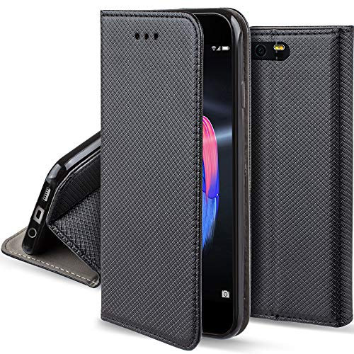 Moozy Hülle Flip Case für Huawei Honor 9, Schwarz - Dünne Magnetische Klapphülle Handyhülle mit Kartenfach und Standfunktion