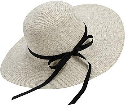 Chapter Seven Women's Sun Hat Floppy Foldable Bowknot Large Wide Brim Straw Hat Summer Beach Cap UV Protection UPF50 (Off-White)