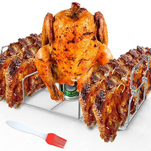 RUSFOL Beercan Chicken Roaster and Rib Rack with a Silicone Oil Brush, Rectangle BBQ Stand for Smoker,Oven and Grill, Hold Up to a Whole Chicken and 4 Ribs at a time