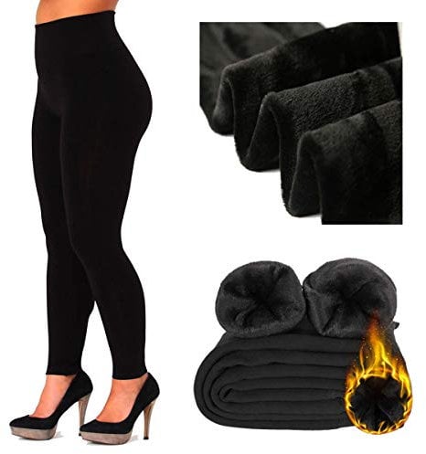 Women Fleece Lined Leggings Thick Fur Thermal Leggings Winter Warm Black Soft High Waisted Tights Tummy Control Gym Yoga Fitness Stretchy Pants Trousers Leggings for Girls Ladies UK Plus Size (12-16)