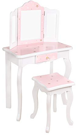 Girls Dressing Table With Mirror and Stool, Childrens White/ Pink Star Prints Wooden Kids Vanity Table with Crystal Knobs Childs Dressing Table Set for a Kid, Children Aged (6-13) (Pink / White)