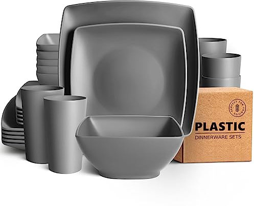 Teivio 24-Piece Kitchen Reusable Plastic Square Dinner Set, Service for 6, Dinner Plate, Dessert Plate, Cereal Bowl, 13.5 oz Cup, Unbreakable Plastic Plates and Bowls Set, Outdoor Camping Dishes, Grey